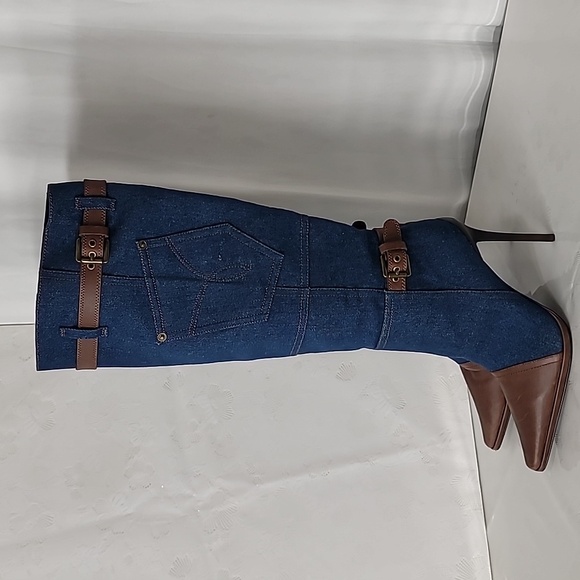 Jeffrey Campbell Blu-Jean Leather Patch Work Knee High Boot Denim Combo Size 10